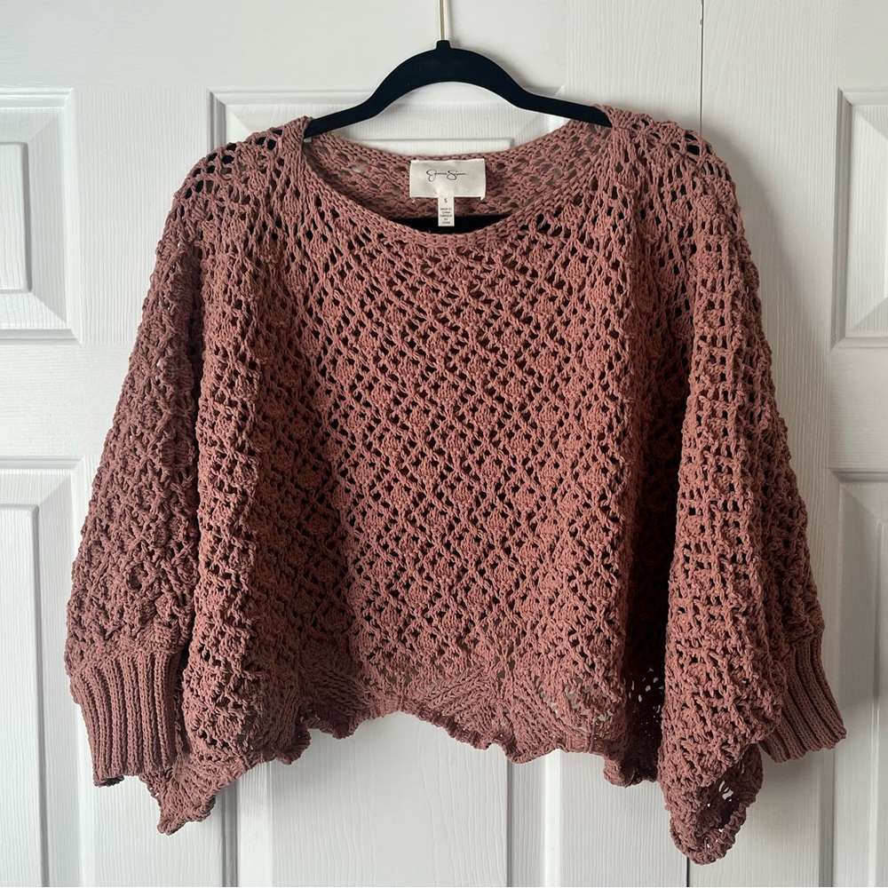 Jessica Simpson Boho Crochet Dolman Sleeve Boatneck Sweater Poncho